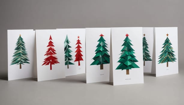 A collection of beautifully designed greeting cards showcases artistic paper trees adorned with shimmering stars, ready for the festive season. Ideal for spreading holiday cheer.