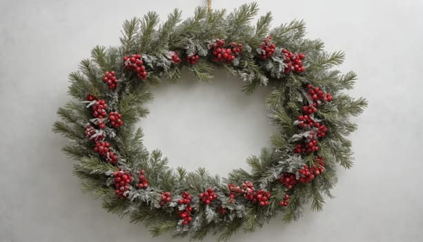 This decorative wreath features lush green foliage with a frosty touch, beautifully accented by vibrant red berries, perfect for winter celebrations.