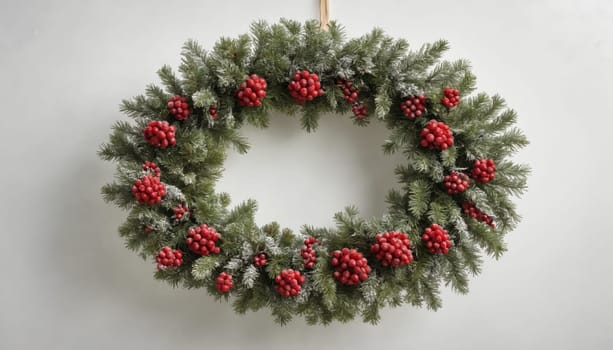 This decorative wreath features lush green foliage with a frosty touch, beautifully accented by vibrant red berries, perfect for winter celebrations.