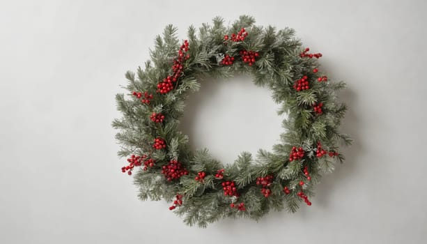 This decorative wreath features lush green foliage with a frosty touch, beautifully accented by vibrant red berries, perfect for winter celebrations.