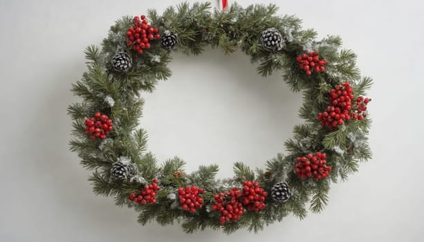 An elegant oval wreath showcases lush greenery dusted with frost, accented by bright red berries that evoke the spirit of the holiday season.