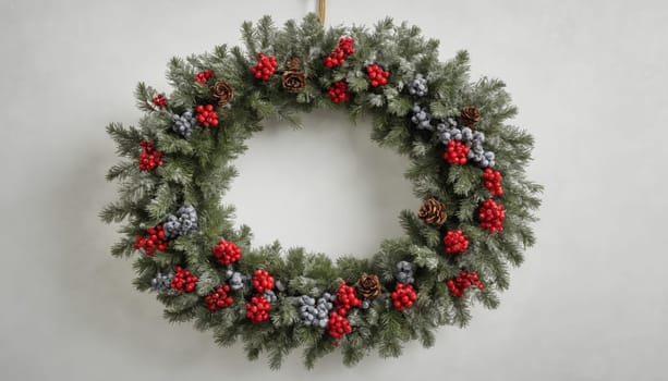 An elegant oval wreath showcases lush greenery dusted with frost, accented by bright red berries that evoke the spirit of the holiday season.