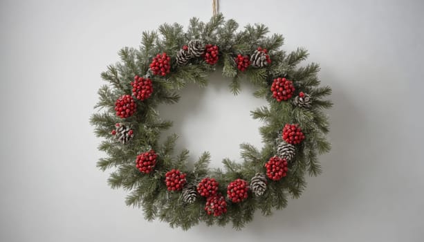 Festive wreath hangs gracefully on a wall, showcasing a blend of green foliage, vibrant red berries, and rustic pinecones, embodying the spirit of the holidays.