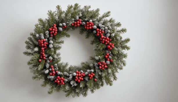 Festive wreath hangs gracefully on a wall, showcasing a blend of green foliage, vibrant red berries, and rustic pinecones, embodying the spirit of the holidays.