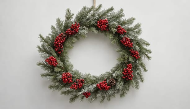 Festive wreath hangs gracefully on a wall, showcasing a blend of green foliage, vibrant red berries, and rustic pinecones, embodying the spirit of the holidays.