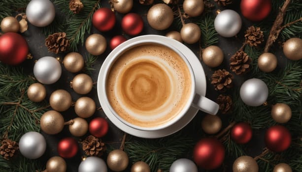 A warm cup of coffee sits on a dark surface surrounded by colorful Christmas ornaments and fresh pine branches, creating a cozy and festive ambiance.