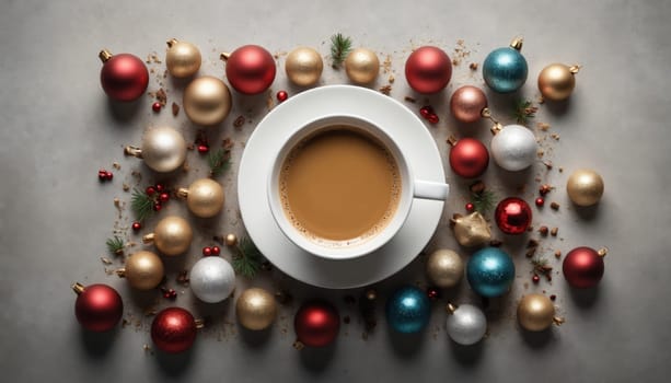A warm cup of coffee sits on a dark surface surrounded by colorful Christmas ornaments and fresh pine branches, creating a cozy and festive ambiance.