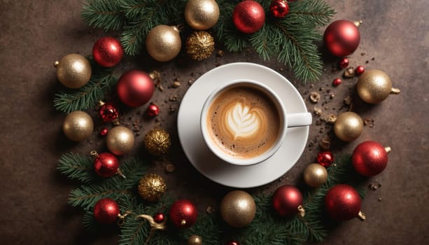 A beautifully crafted cup of coffee tops the dark table adorned with red and silver ornaments, pine branches, and a touch of holiday cheer, creating a cozy atmosphere.