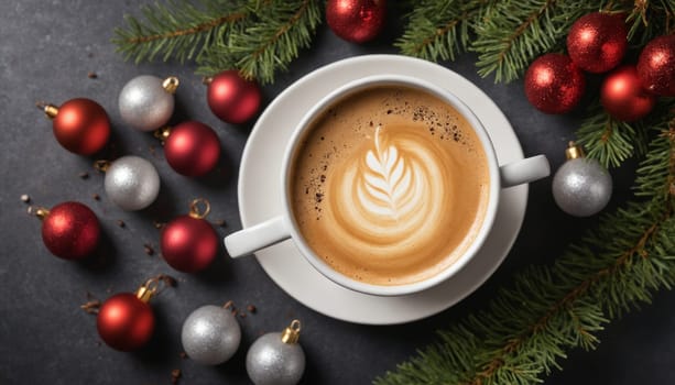 A beautifully crafted cup of coffee tops the dark table adorned with red and silver ornaments, pine branches, and a touch of holiday cheer, creating a cozy atmosphere.
