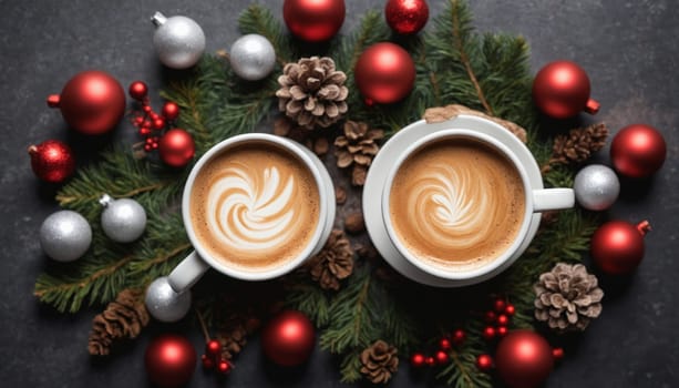 A warm cup of coffee sits elegantly on a white saucer, embraced by vibrant red and gold ornaments nestled among lush evergreen branches, evoking a festive atmosphere.