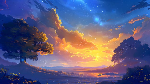 The serene countryside meadow and trees under a beautiful glowing sunset sky