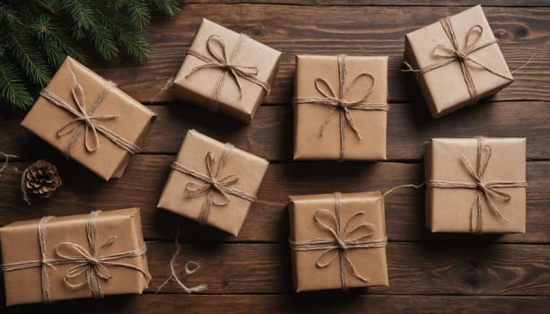 Decorated with natural elements, the neatly tied gifts rest on a textured wooden surface, evoking warm seasonal feelings and holiday joy.
