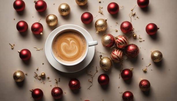 A warm cup of coffee sits elegantly on a white saucer, embraced by vibrant red and gold ornaments nestled among lush evergreen branches, evoking a festive atmosphere.