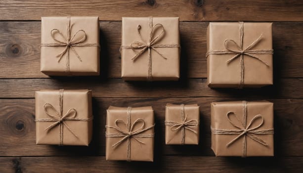 A collection of beautifully wrapped gift boxes in various sizes is elegantly displayed on a rustic wooden surface, exuding a cozy charm perfect for special occasions.