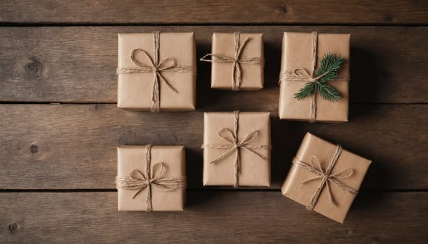 A collection of beautifully wrapped gift boxes in various sizes is elegantly displayed on a rustic wooden surface, exuding a cozy charm perfect for special occasions.