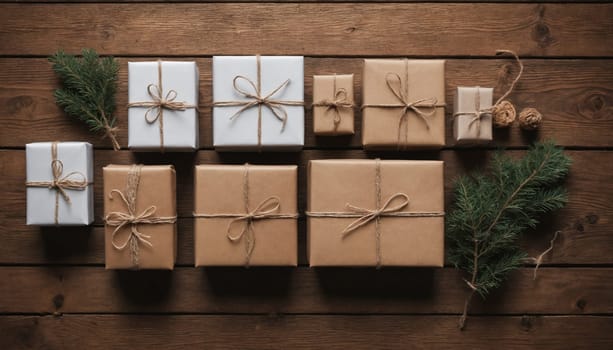 A collection of beautifully wrapped gifts in various sizes rests on a rustic wooden table, accented by greenery, creating a warm, festive atmosphere perfect for the holidays.