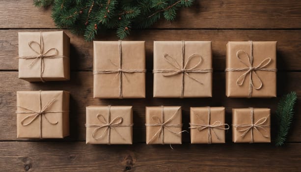 A collection of beautifully wrapped gifts in various sizes rests on a rustic wooden table, accented by greenery, creating a warm, festive atmosphere perfect for the holidays.
