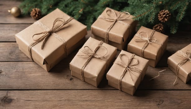 Beautifully wrapped gifts in various sizes, tied with twine, sit on a rustic wooden table surrounded by pine branches, evoking a warm holiday spirit.