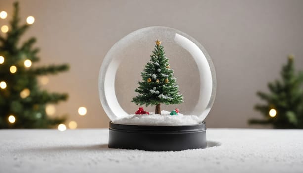 A charming snow globe showcases a miniature Christmas tree adorned with a golden star, sitting on a bed of fluffy snow, radiating festive warmth and joy.