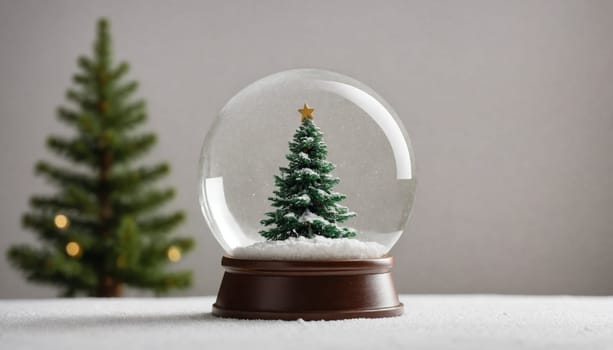 This delightful scene features a snow globe showcasing a small, beautifully decorated Christmas tree. Surrounding it is a soft layer of snow, enhancing the festive atmosphere.