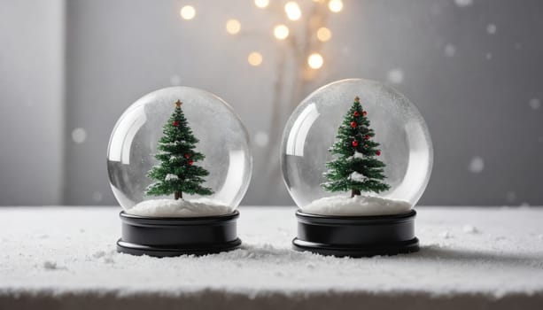 Two elegant snow globes showcase miniature Christmas trees decorated with bright ornaments, resting on a snowy surface, illuminated by warm, twinkling lights.