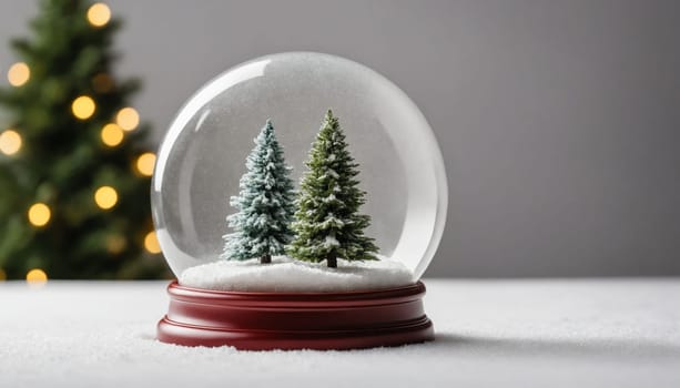 Two elegant snow globes showcase miniature Christmas trees decorated with bright ornaments, resting on a snowy surface, illuminated by warm, twinkling lights.