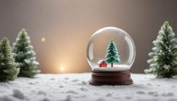 Two elegant snow globes showcase miniature Christmas trees decorated with bright ornaments, resting on a snowy surface, illuminated by warm, twinkling lights.
