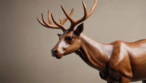 A masterfully crafted wooden stag stands gracefully, its geometric design highlighting the beauty of natural materials while adding a touch of artistry to the room.