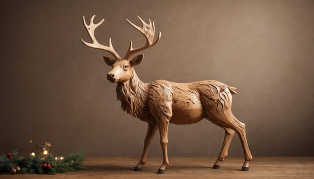 A masterfully crafted wooden stag stands gracefully, its geometric design highlighting the beauty of natural materials while adding a touch of artistry to the room.