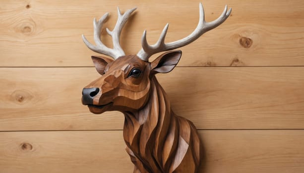 This intricately carved wooden deer head brings a touch of nature indoors, showcasing exceptional craftsmanship and the natural beauty of wood against a warm wall.