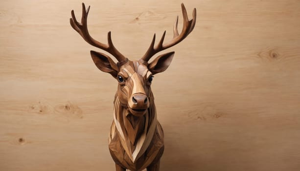 This stunning wooden stag captures the essence of nature with its detailed craftsmanship, displaying lifelike features and graceful posture in a tranquil indoor space.
