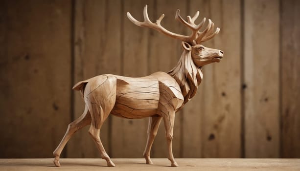 A beautifully crafted wooden deer sculpture stands gracefully, its body detailed with delicately carved leaves, highlighting exquisite artistry and design.