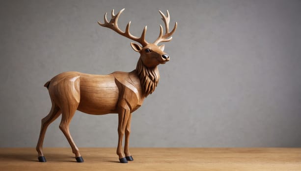 A beautifully crafted wooden deer sculpture stands gracefully, its body detailed with delicately carved leaves, highlighting exquisite artistry and design.