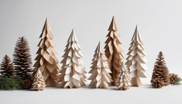 An enchanting display of wooden trees in varying heights showcases artistic craftsmanship, surrounded by pine cones and greenery, perfect for winter decor.