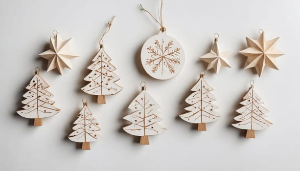 Delicate paper trees rise in a charming display, showcasing various sizes and shapes, set against a simple backdrop. The scene exudes a serene, festive ambiance, perfect for winter.