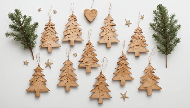 An enchanting display of wooden trees in varying heights showcases artistic craftsmanship, surrounded by pine cones and greenery, perfect for winter decor.
