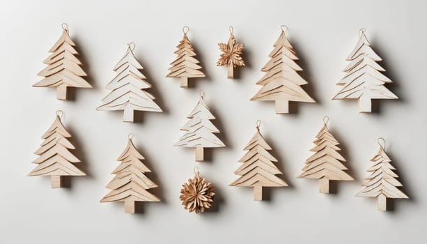 An enchanting display of wooden trees in varying heights showcases artistic craftsmanship, surrounded by pine cones and greenery, perfect for winter decor.