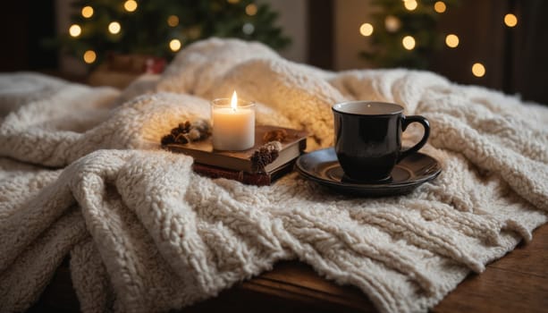 Nestled in a soft blanket, a well-loved book lies open beside a steaming cup of tea, creating a warm retreat by the glowing fireplace on a chilly afternoon.