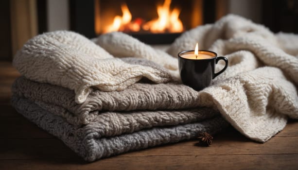 A serene setting featuring layered soft blankets beside a flickering fireplace. A black mug filled with a glowing candle adds a touch of warmth, inviting relaxation.