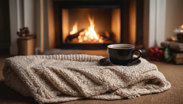 A serene setting featuring layered soft blankets beside a flickering fireplace. A black mug filled with a glowing candle adds a touch of warmth, inviting relaxation.