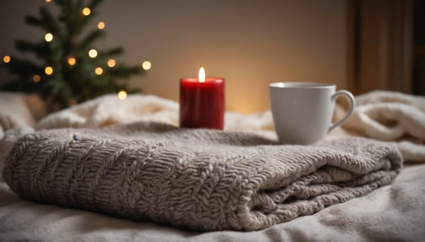 A soft, neatly folded blanket rests on a plush bed, accompanied by a flickering candle and a steaming cup, creating a serene and inviting atmosphere for a chilly night.