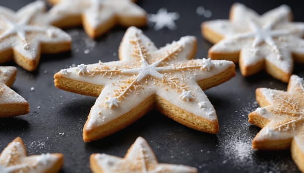 A charming array of star-shaped cookies lies sprinkled with powdered sugar, showcasing their golden brown edges and intricate designs, perfect for holiday celebrations.