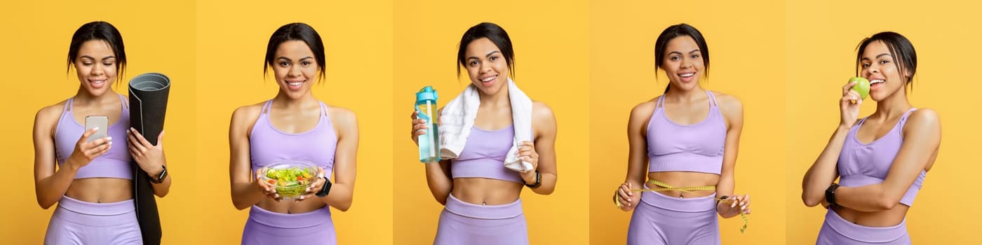 A young woman in activewear smiles while holding a yoga mat, fresh salad, water bottle, and lemon. She embodies a vibrant and healthy lifestyle, promoting fitness and well-being.
