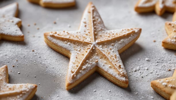 A collection of beautifully decorated star-shaped cookies rests on a dark surface, showcasing intricate icing designs and a light dusting of sugar. These treats are perfect for festive gatherings.