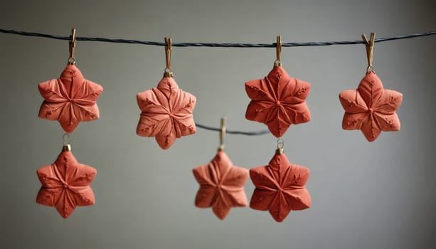 This delightful display features handcrafted terracotta stars carefully hung from a twine line, adding warmth and creativity to the cozy space. Each star boasts intricate details and earthy tones.