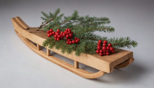 A charming wooden sled, beautifully decorated with fresh evergreen branches and vibrant red berries, sits serenely on a blanket of snow, evoking a festive winter ambiance.