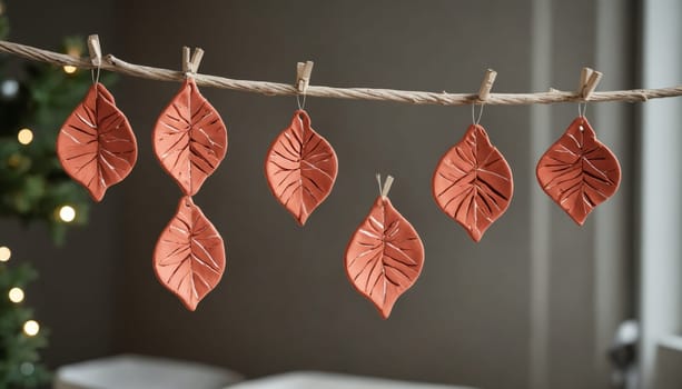 This delightful display features handcrafted terracotta stars carefully hung from a twine line, adding warmth and creativity to the cozy space. Each star boasts intricate details and earthy tones.