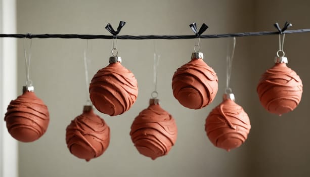 A series of handmade clay ornaments gracefully dangle from a simple wire, showcasing warm earthy colors and a unique textured design, inviting seasonal cheer.