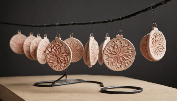 A series of handmade clay ornaments gracefully dangle from a simple wire, showcasing warm earthy colors and a unique textured design, inviting seasonal cheer.