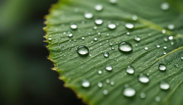 Fresh droplets of water rest on a lush green leaf, reflecting light in a serene atmosphere, showcasing the beauty of nature's details at dawn.